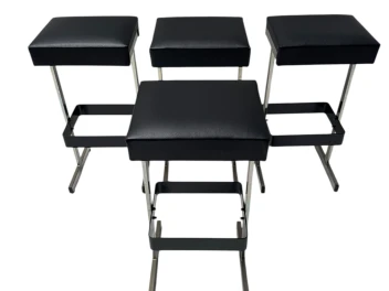 Four Mid-Century Modern Bar Stools with Black Leather Seats, 1970s
